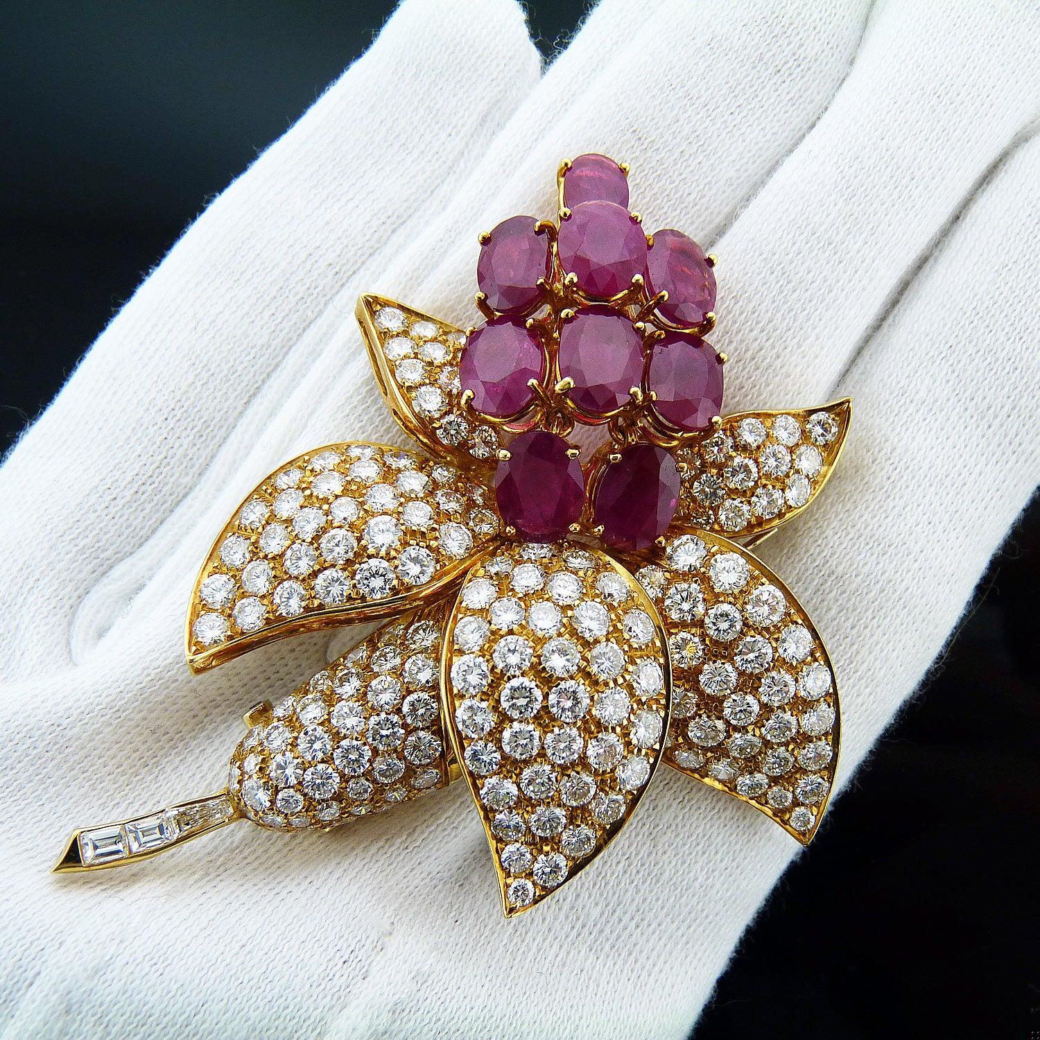 18K Yellow Gold, 6.75 ct. Ruby, and Diamond Brooch