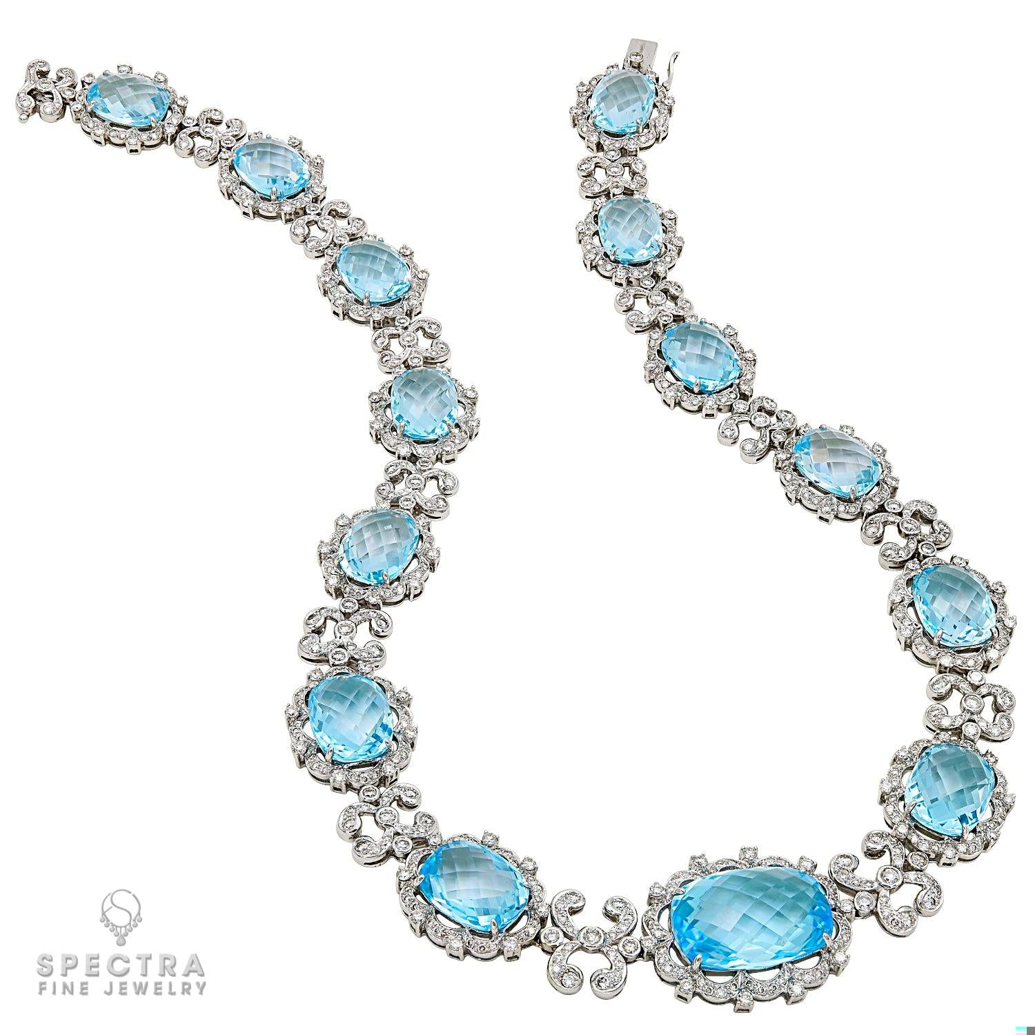 18kt White Gold Blue Topaz and Diamond Graduated Necklace