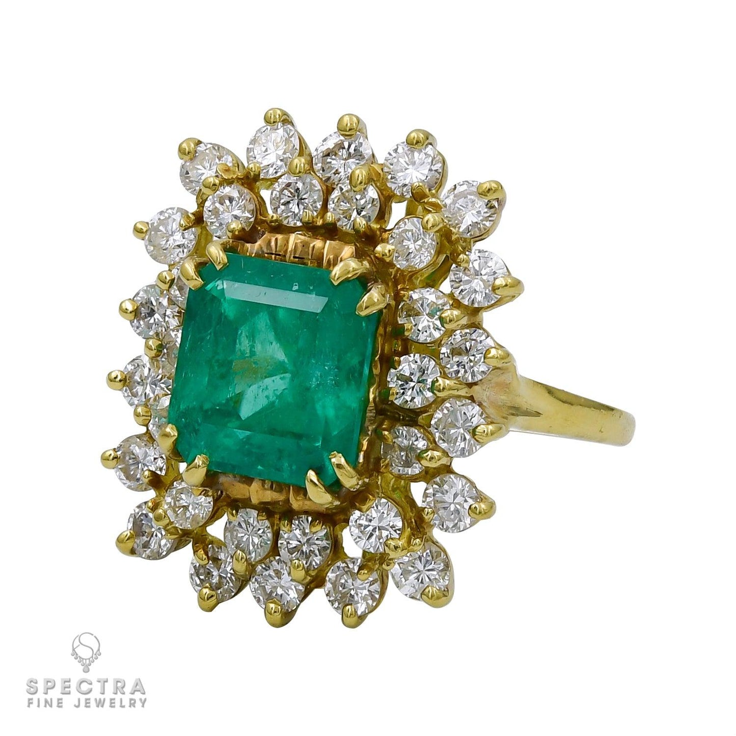 18kt Yellow Gold Ring with 5.00ct Emerald and Two-Tiers of Diamonds