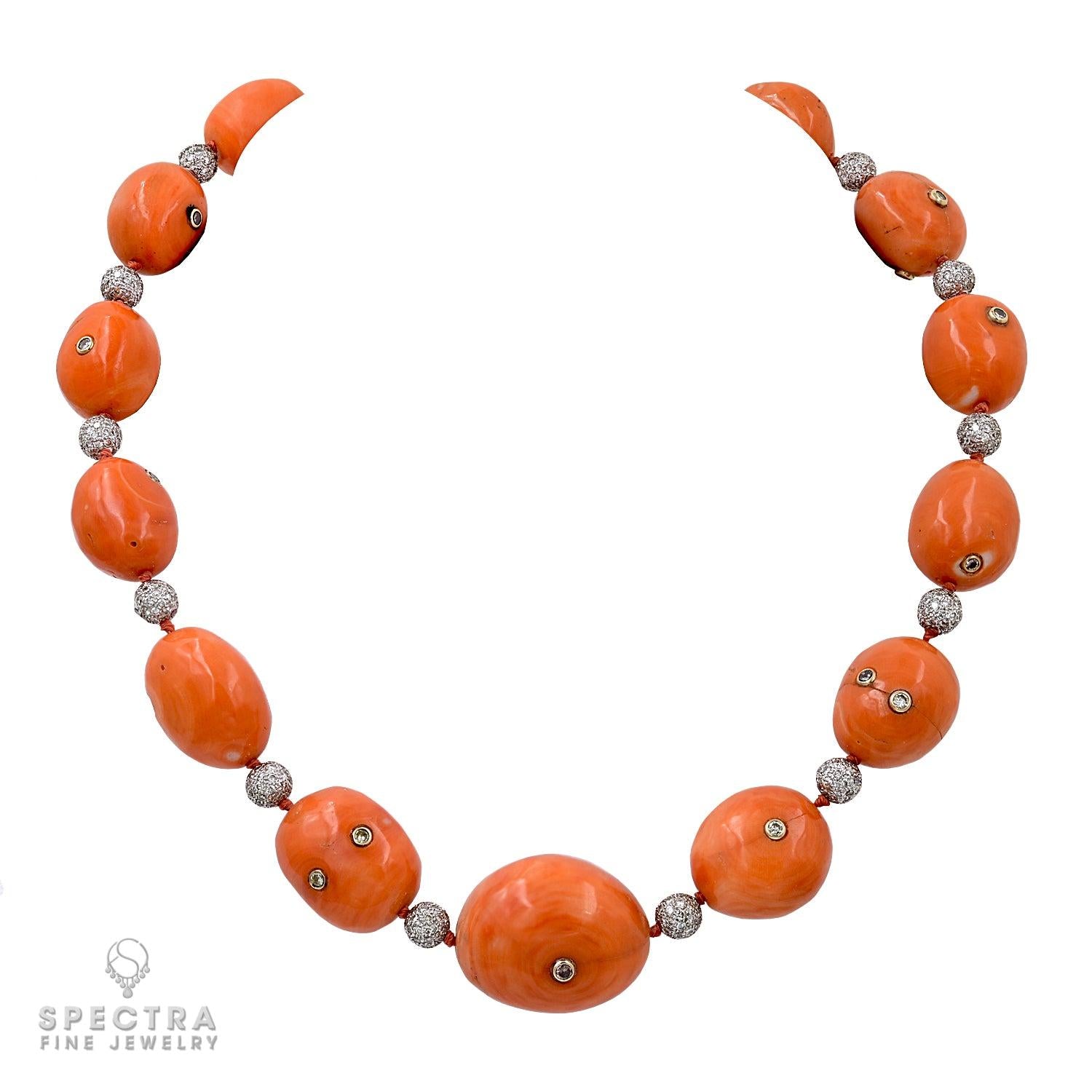 Coral Bead & Diamond Necklace with Graduated Spheres, 17" Length