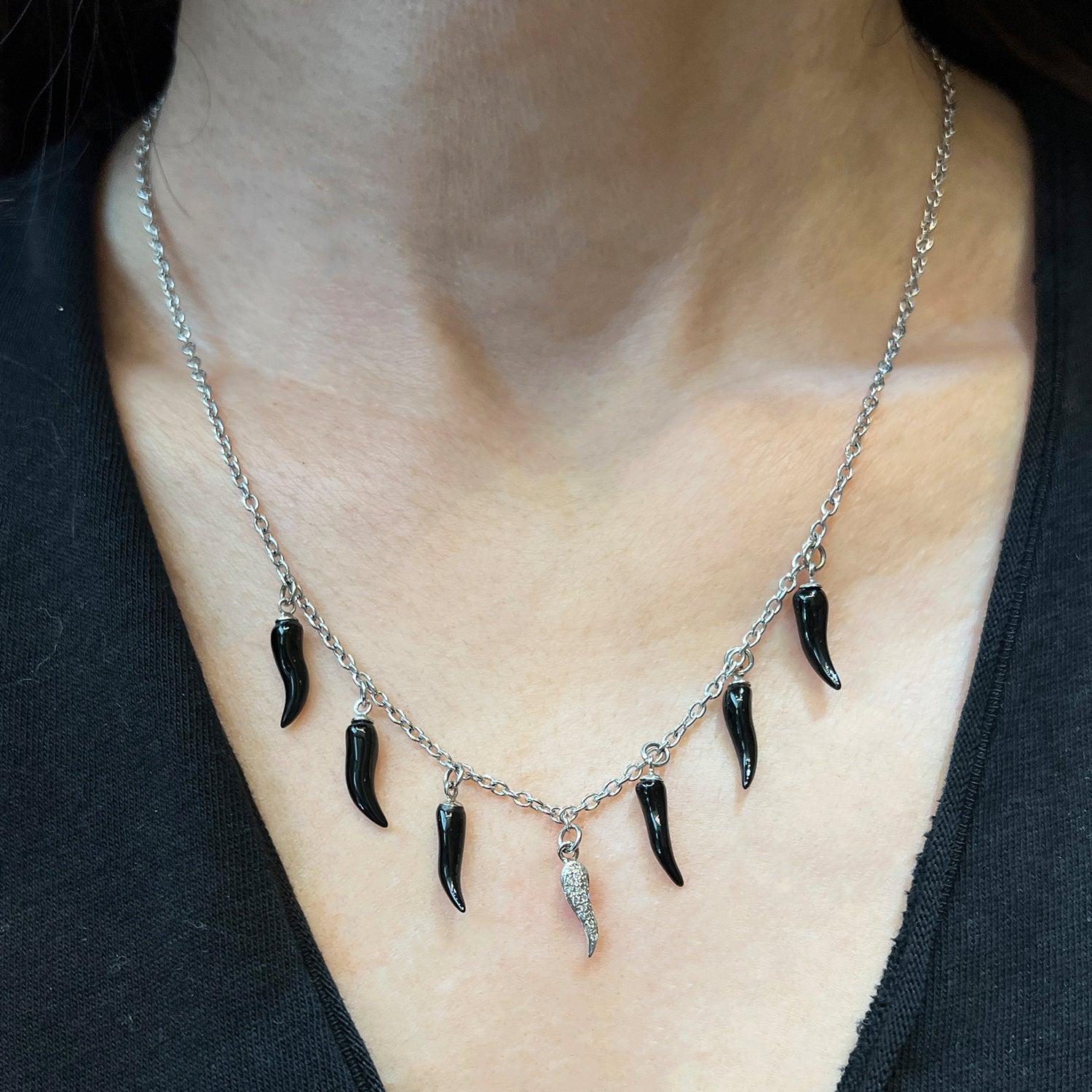 Adamas Onyx and Diamond Charm Necklace in 18k White Gold