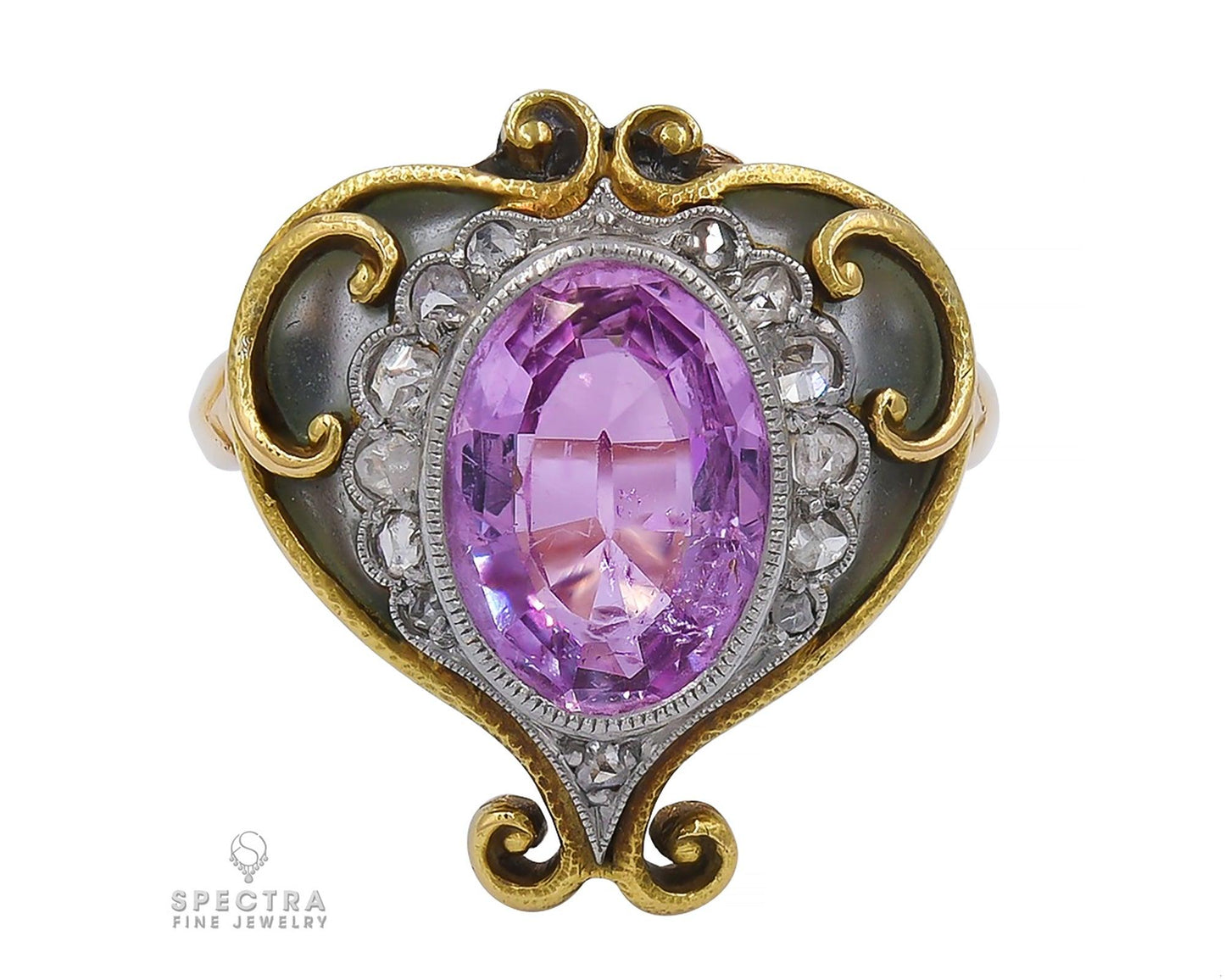 Art Nouveau Pink Spinel and Diamond Cocktail Ring in 18k Yellow Gold
