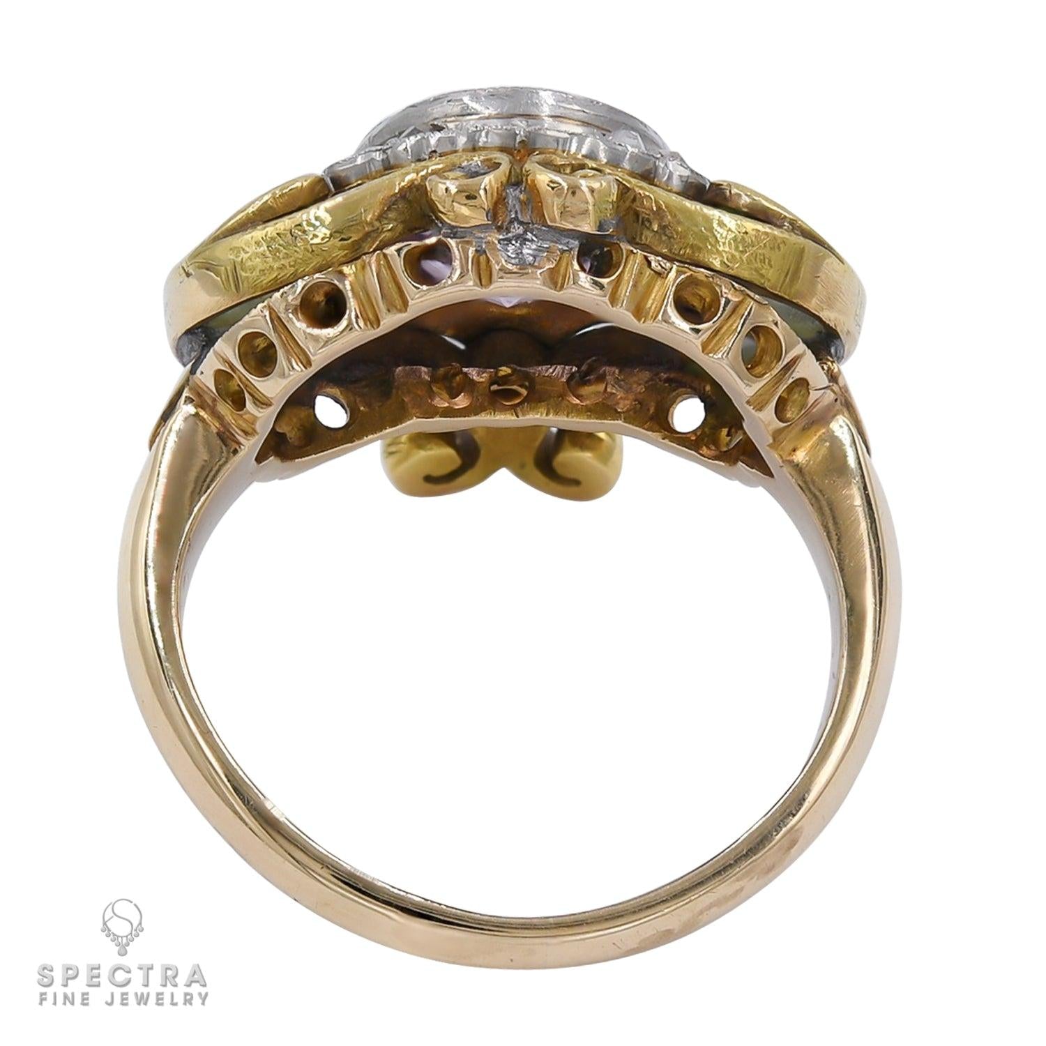 Art Nouveau Pink Spinel and Diamond Cocktail Ring in 18k Yellow Gold