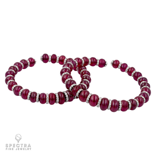 Pair of Ruby Bead and Diamond Rondelle Bangles