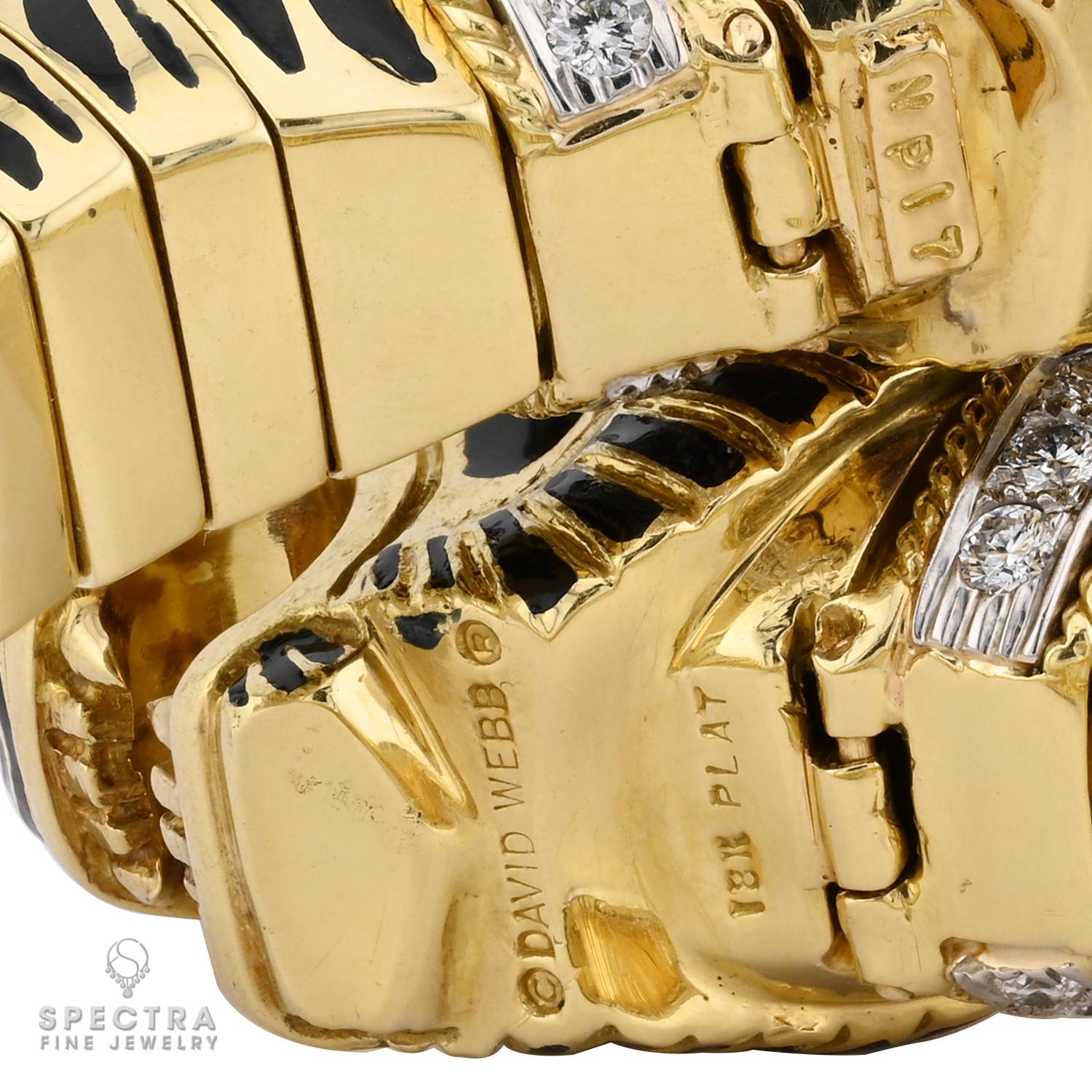 David Webb Double‑Head Tiger Diamond & Emerald Enamel Bangle – Signed