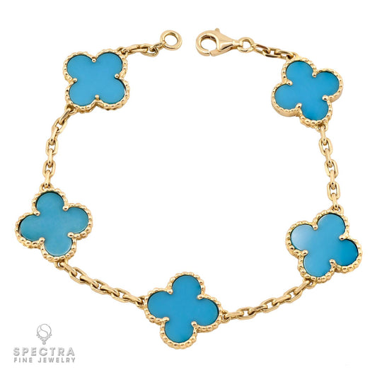 Van Cleef & Arpels 5-Motif Turquoise Alhambra Bracelet in 18K Yellow Gold