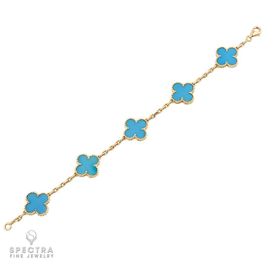Van Cleef & Arpels 5-Motif Turquoise Alhambra Bracelet in 18K Yellow Gold