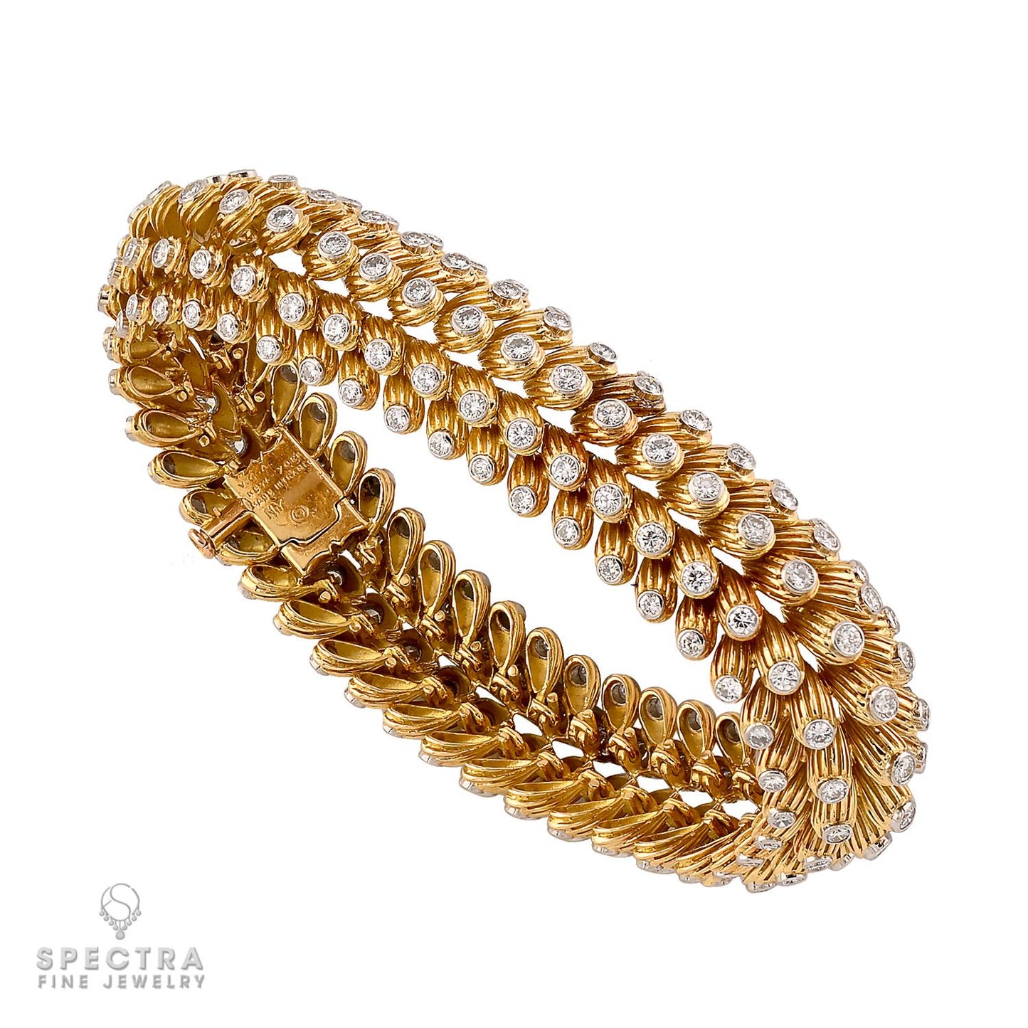 Signed Van Cleef & Arpels Diamond Fluted Bracelet, 1950s