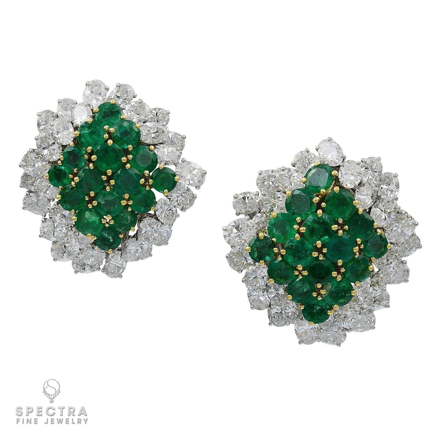 Vintage Signed Cartier Emerald Diamond Halo Cluster Button Earrings