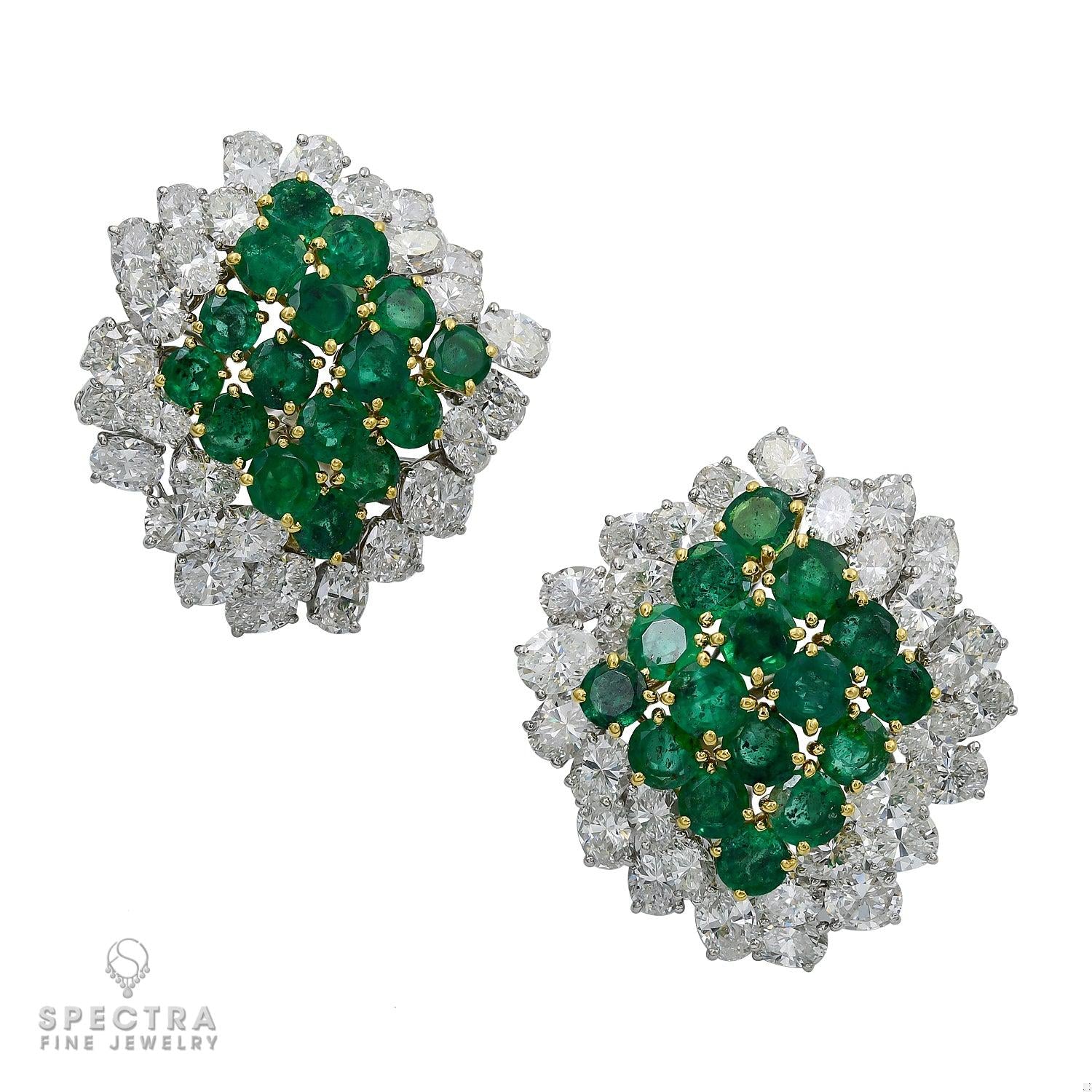 Vintage Signed Cartier Emerald Diamond Halo Cluster Button Earrings