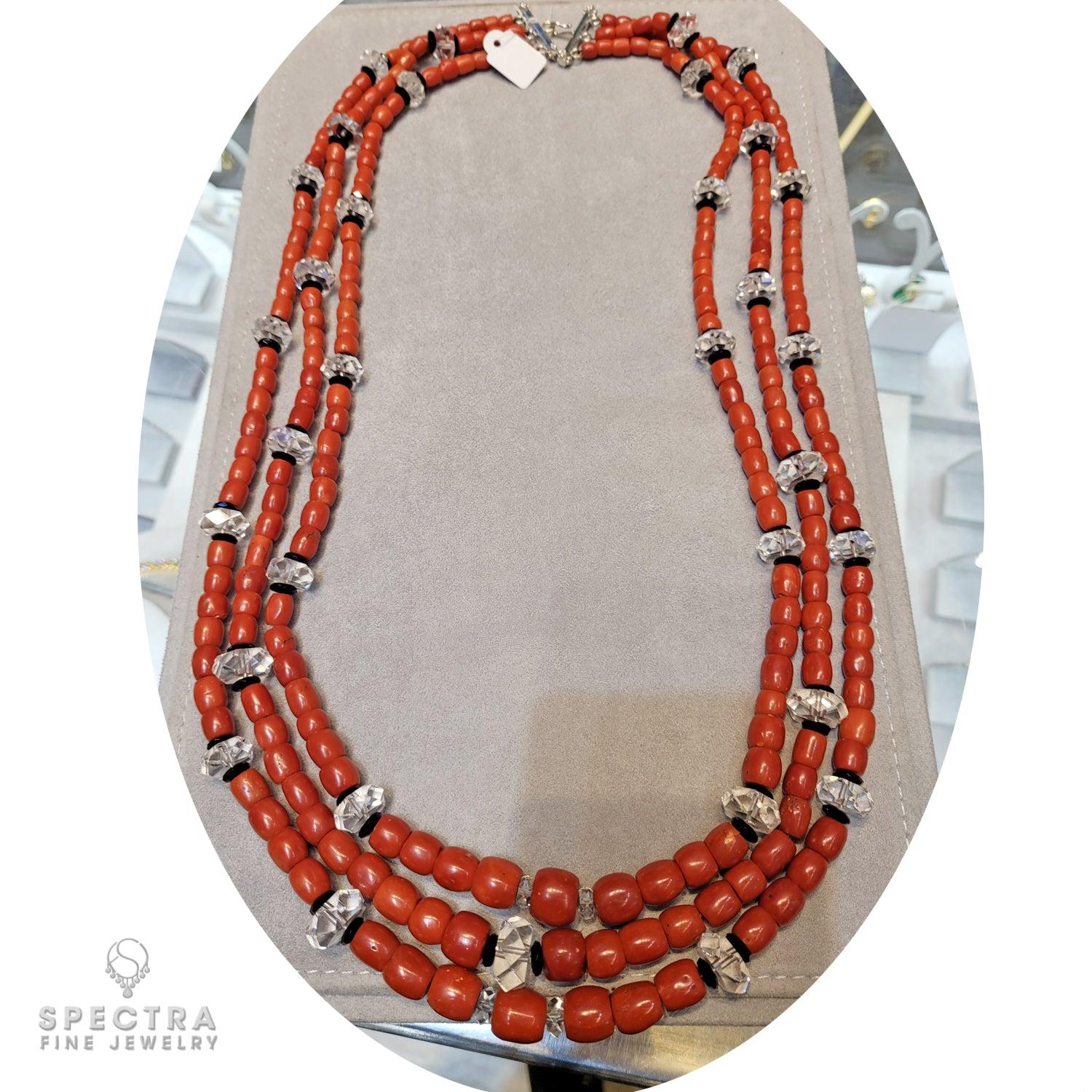 Contemporary Coral Bead Rock Crystal Tiered Necklace