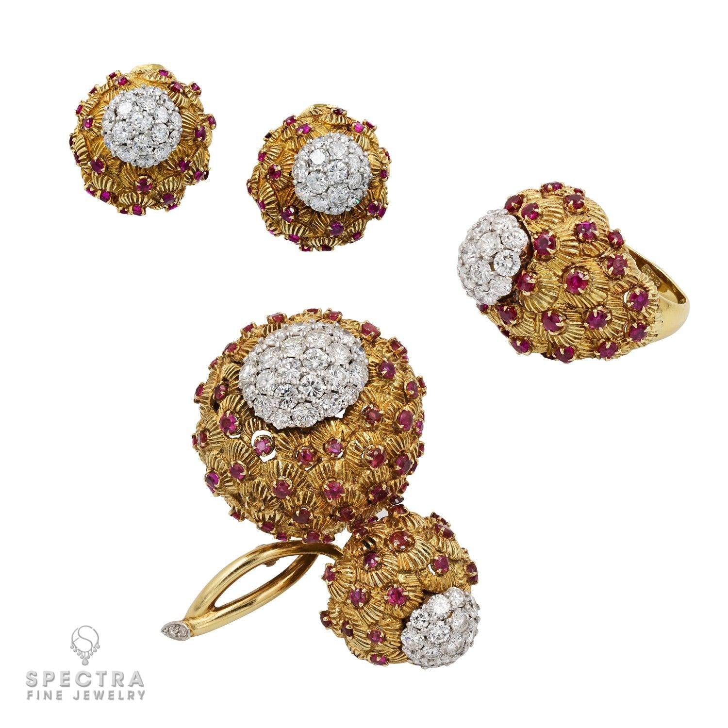 Contemporary Diamond Ruby Earrings Ring Brooch Demi Parure Suite