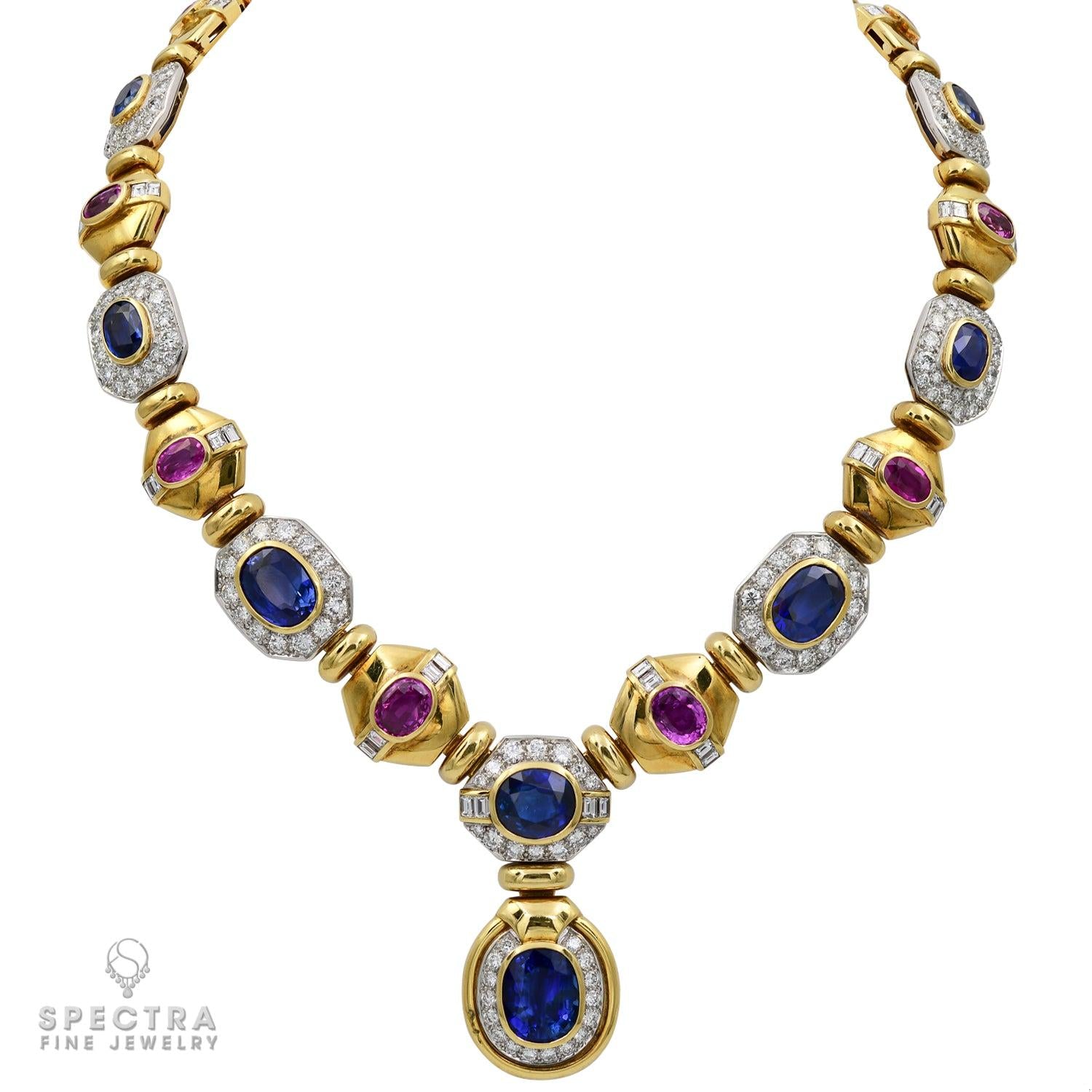 Contemporary Multi-colored Sapphire and Diamond 18K Yellow Gold Necklace