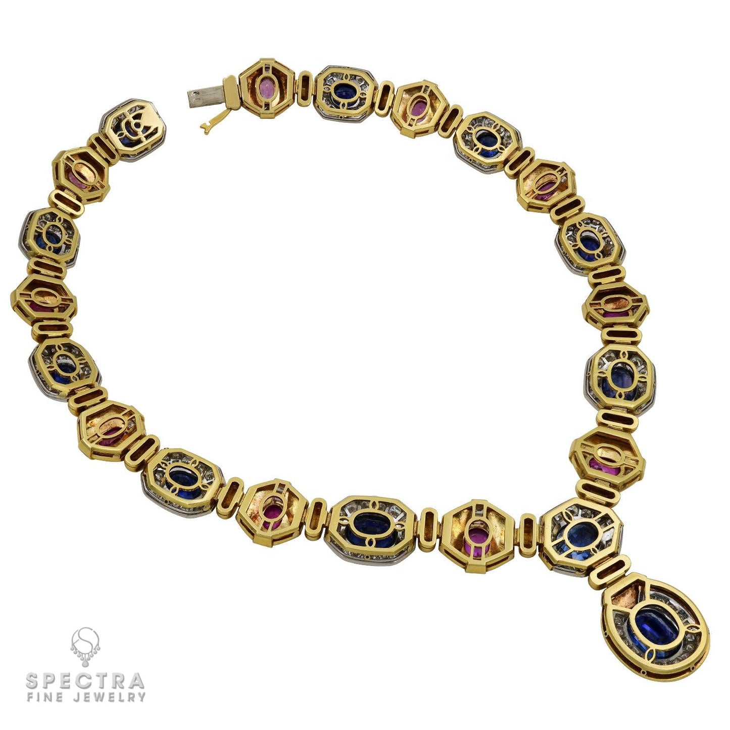 Contemporary Multi-colored Sapphire and Diamond 18K Yellow Gold Necklace