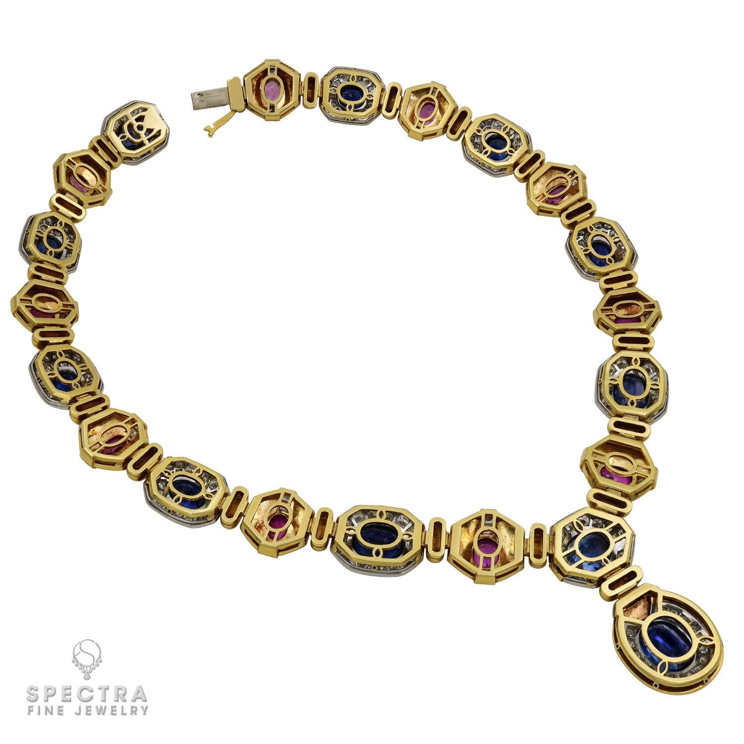 Contemporary Multi-colored Sapphire and Diamond 18K Yellow Gold Necklace