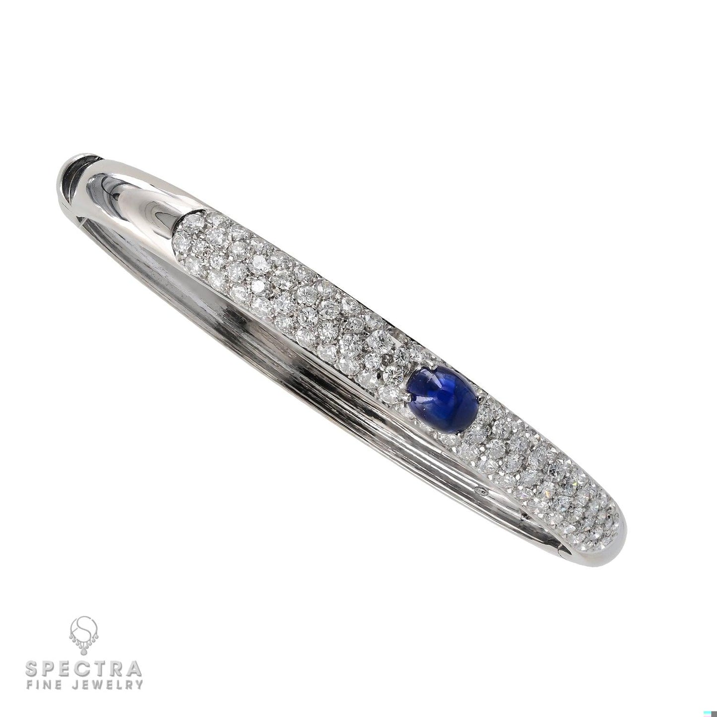 Contemporary Oval Sapphire Diamond Pave Bombe Bangle Bracelet