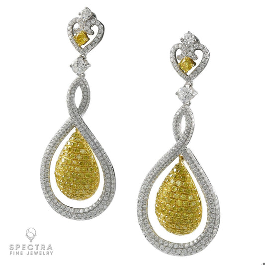 Contemporary Yellow White Diamond Pave Drop Earrings