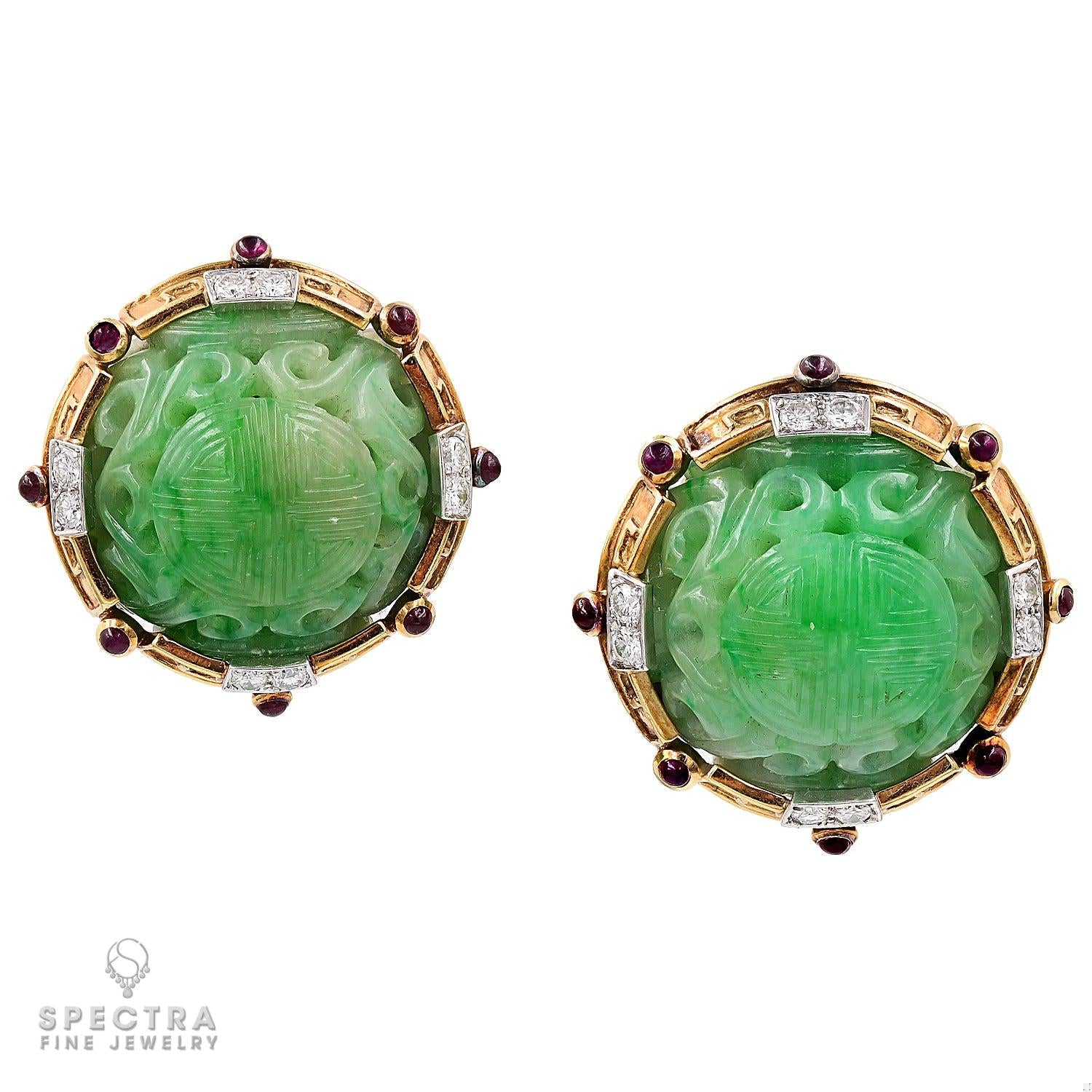 David Webb Ancient World Vintage Carved Jade Ear Clips