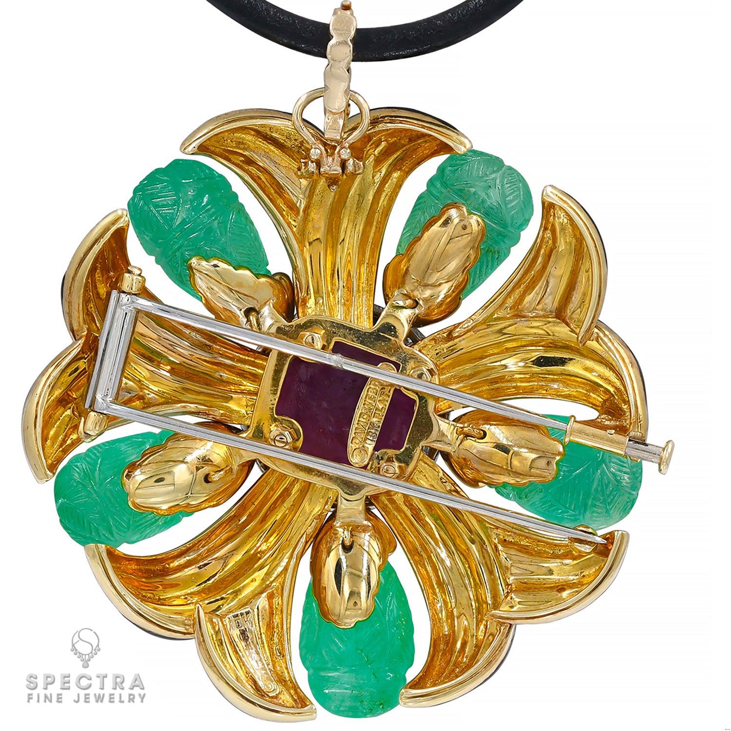 David Webb Burmese Ruby Colombian Emerald Convertible Brooch Pendant