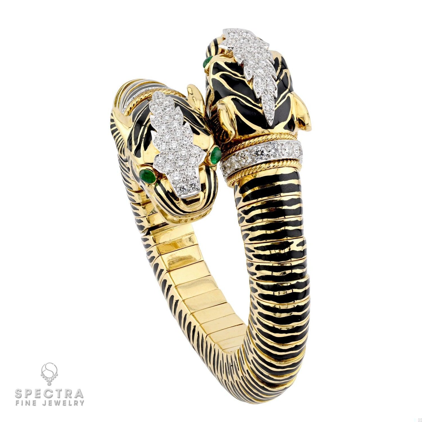 David Webb Diamond Emerald Double Head Tiger Bangle