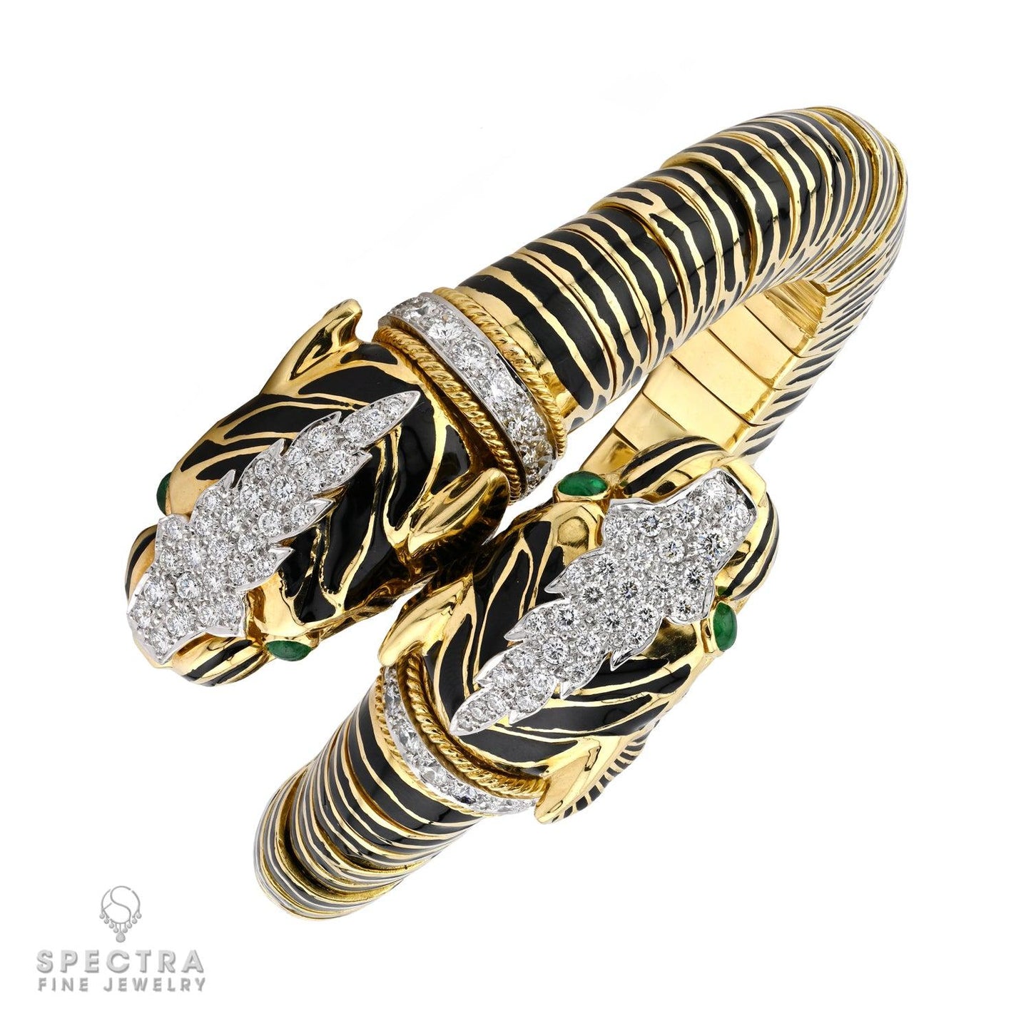 David Webb Diamond Emerald Double Head Tiger Bangle