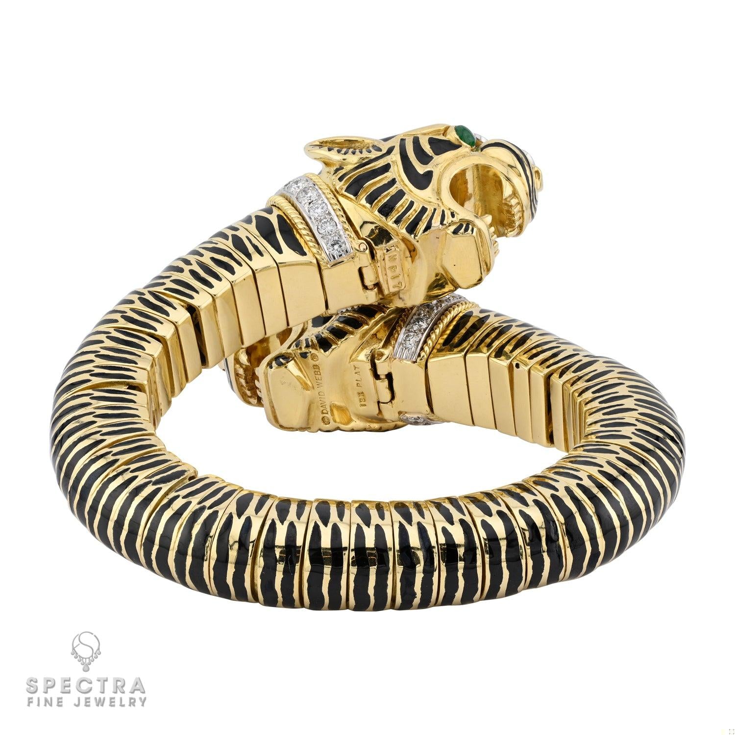 David Webb Double‑Head Tiger Diamond & Emerald Enamel Bangle – Signed