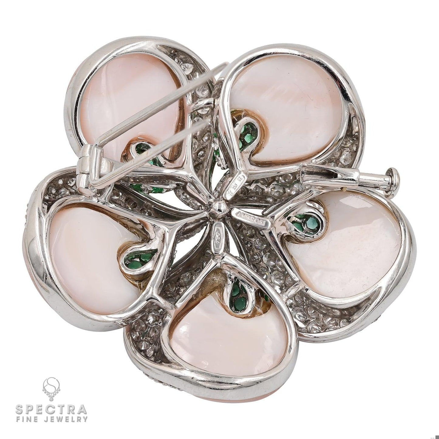 De Ambrosi's Diamond Emerald Mother of Pearl Flower Brooch