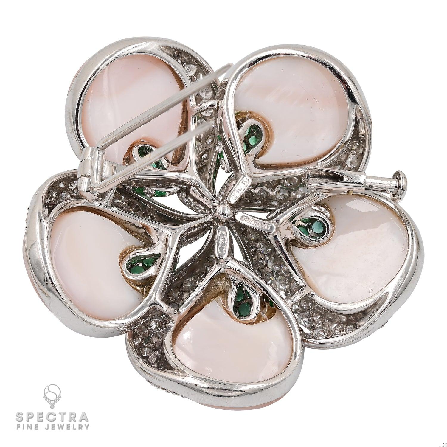 De Ambrosi's Diamond Emerald Mother of Pearl Flower Brooch