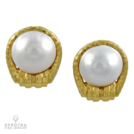 Contemporary Hammered Gold Pearl Button Earrings