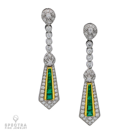 Contemporary Art Deco Revival  Emerald Diamond Drop Earrings