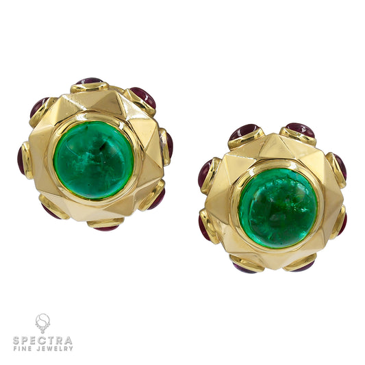 Bulgari Vintage Colombian Emerald Ruby Bombe Button Earrings