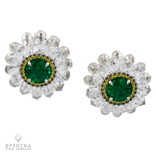 Contemporary Zambian Emerald Diamond Halo Button Earrings