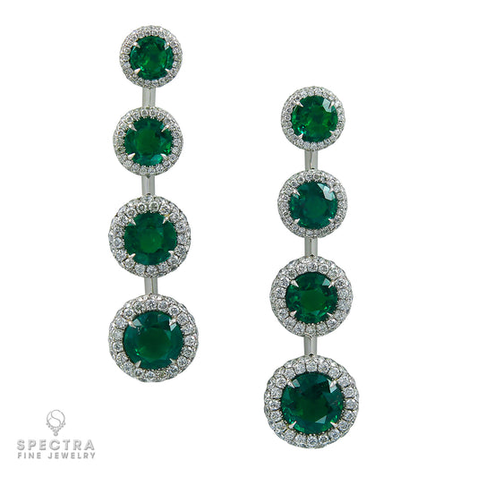 Contemporary Colombian Emerald Diamond Halo Graduated Drop Earrings by Spectra Fine Jewelry