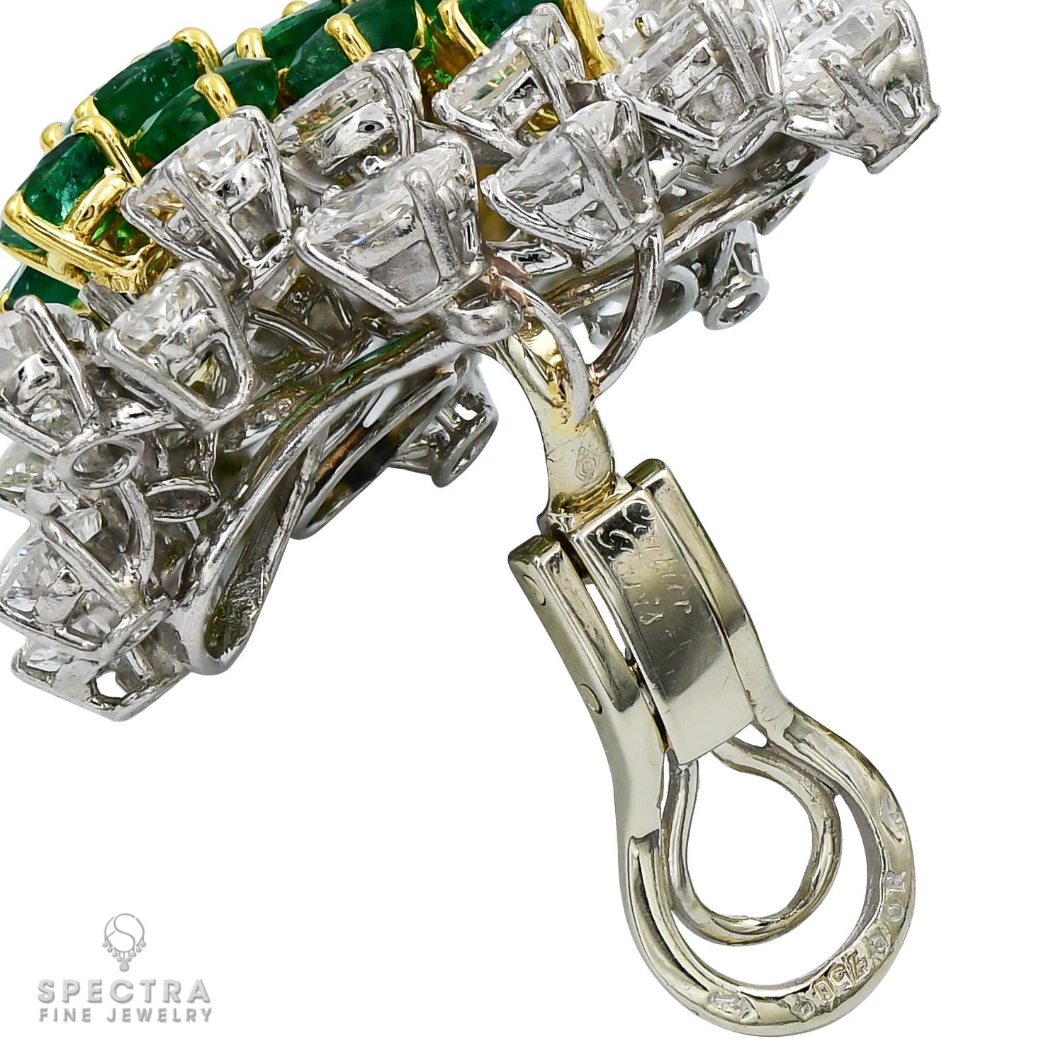 Vintage Signed Cartier Emerald Diamond Halo Cluster Button Earrings