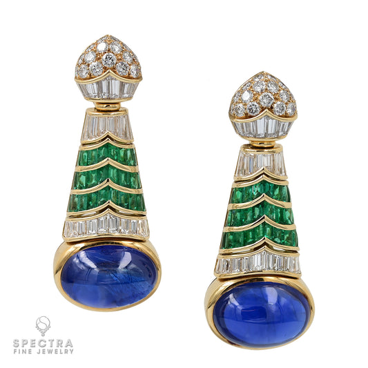 Bulgari Cabochon Sapphire Emerald Diamond Earrings