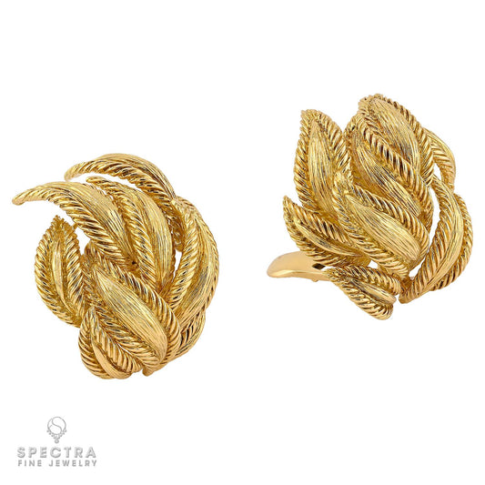 David Webb Textured Laurel Leaf Earrings in 18K Yellow Gold