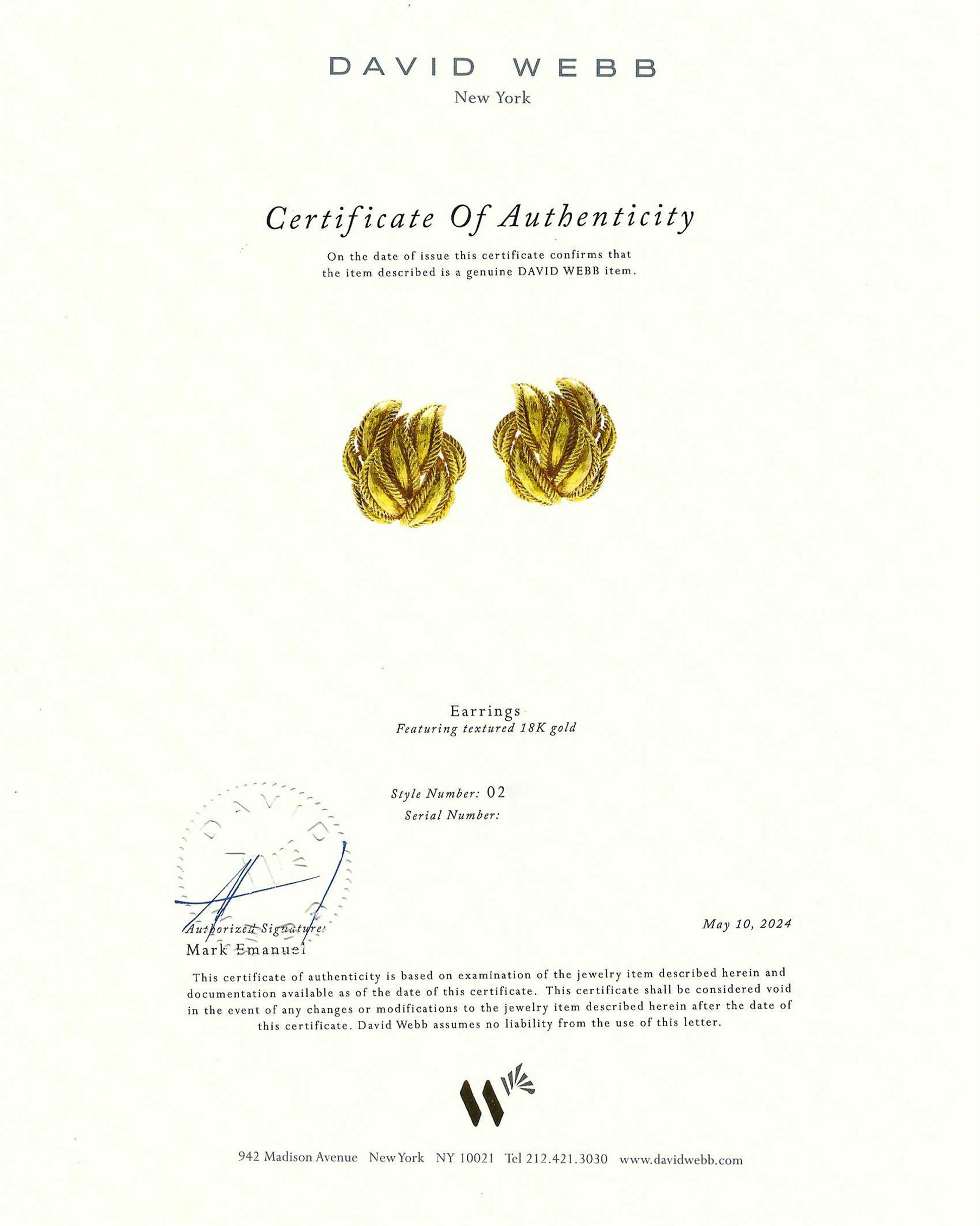 David Webb Textured Laurel Leaf Earrings in 18K Yellow Gold