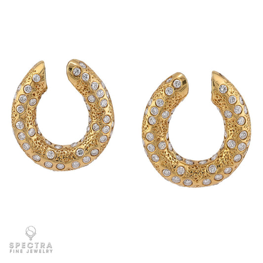 Van Cleef & Arpels Vintage Diamond Gold Hoop Earrings, Circa 1970