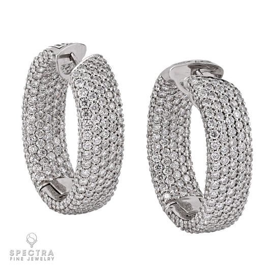 10.56 Carat Pave Diamond Hoop Earrings in 18K White Gold