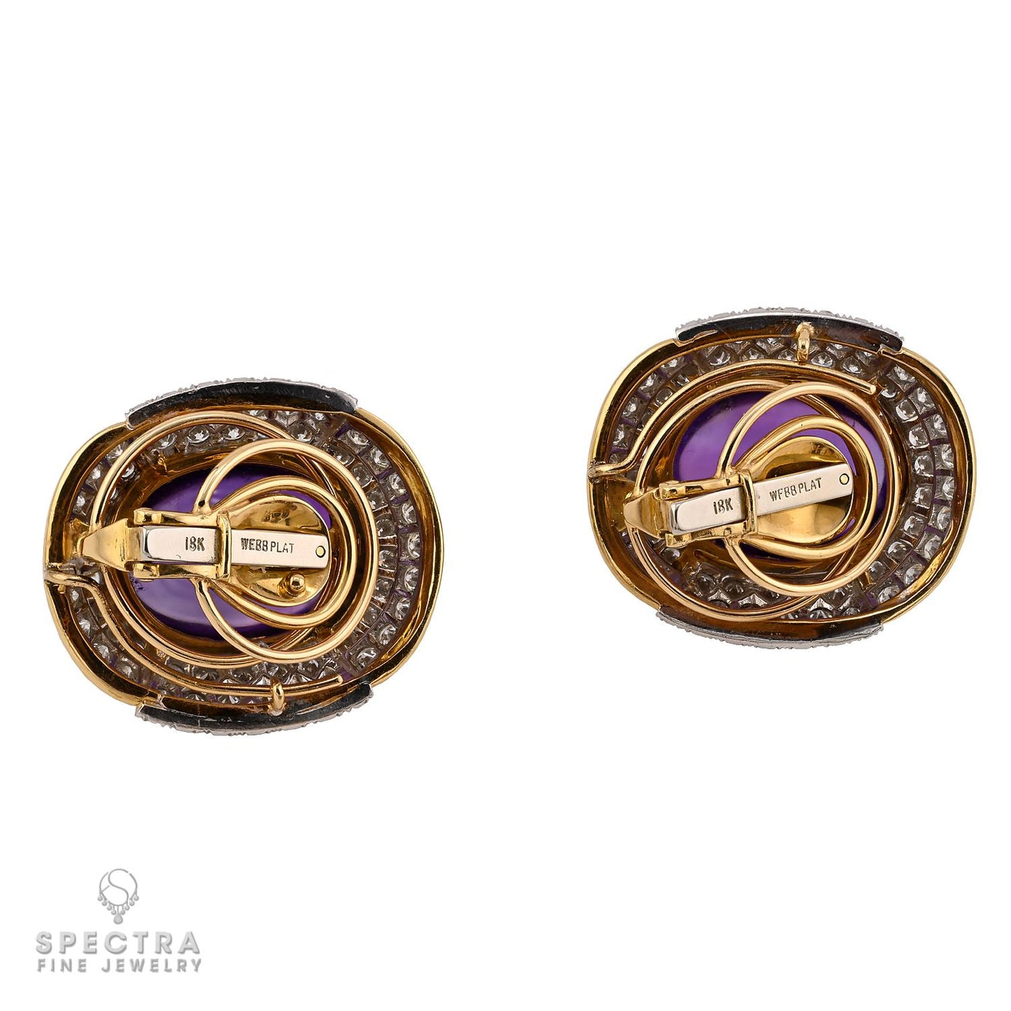 Back of David Webb amethyst diamond earrings showing 18K and PLAT hallmarks and clip backs