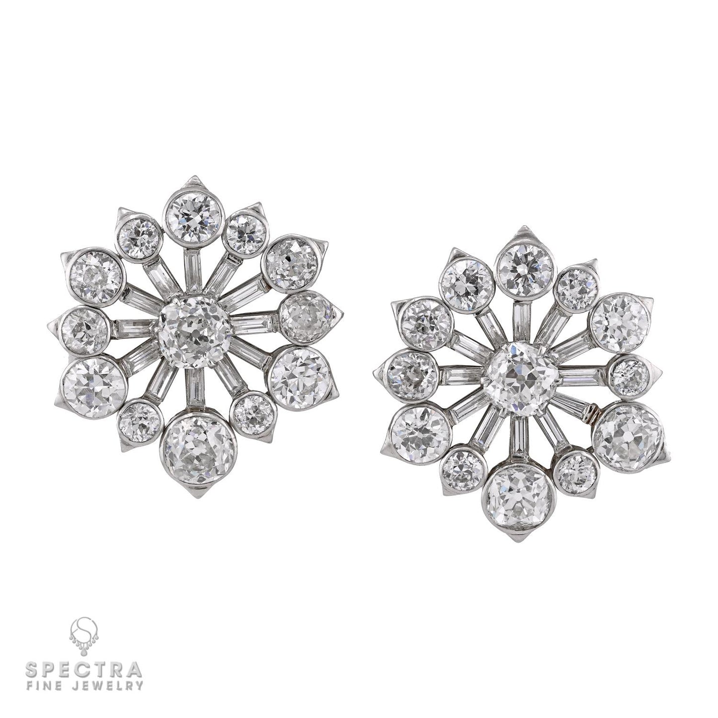 Front view of Van Cleef & Arpels 1940s platinum diamond starburst earrings.
