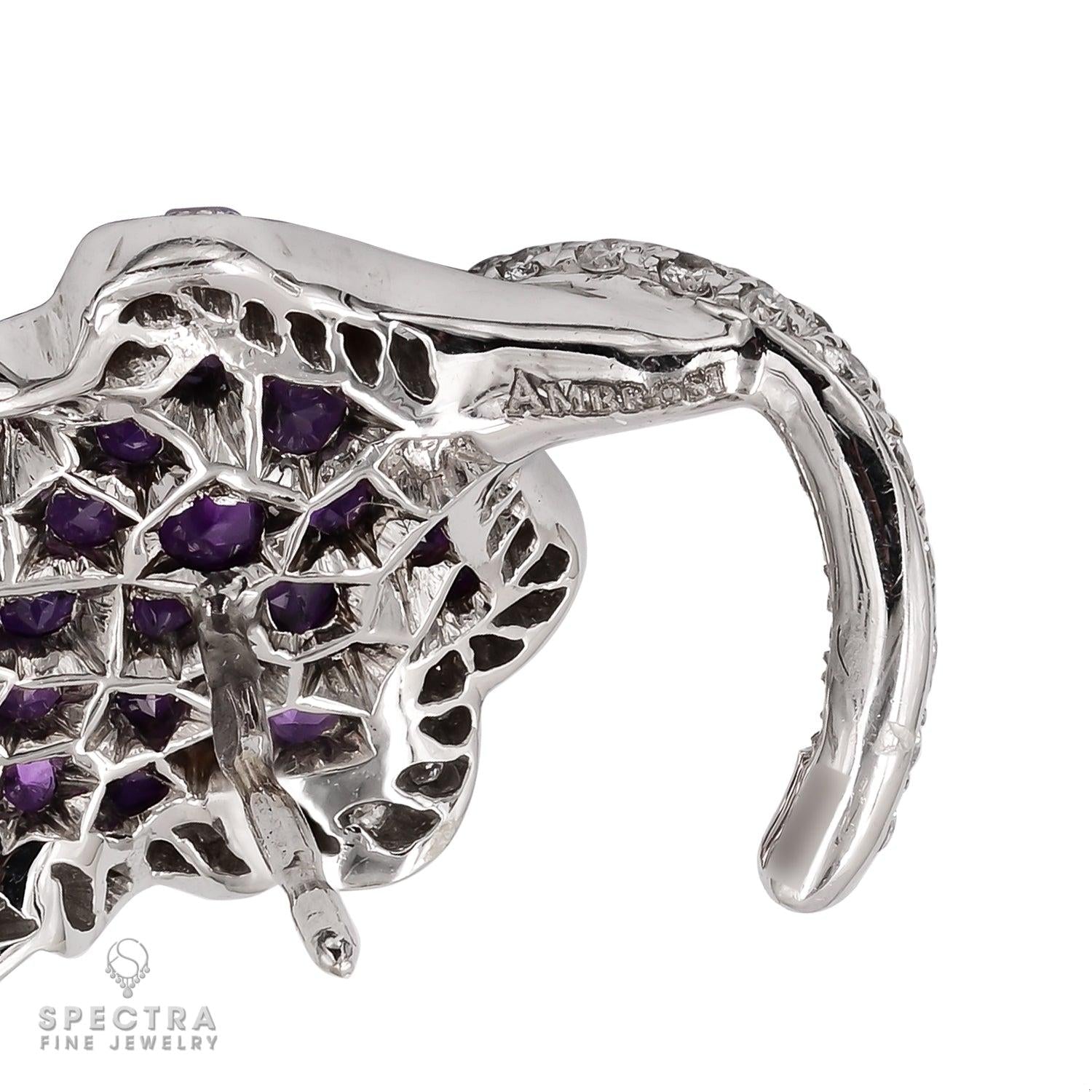 Exquisite Diamond Amethyst 18K White Gold Pin Brooch by Ambrosi