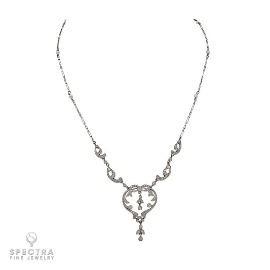 Antique Edwardian Era Diamond Pearl Lavalier Necklace