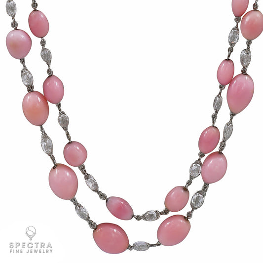 Fancy Light Pink Conch Pearl Necklace with Briolette and Rose-Cut Diamonds