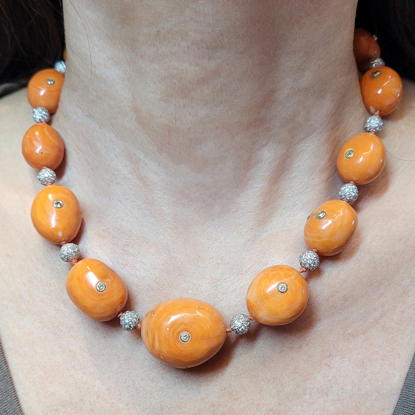 A Touch of Japan: Coral Beads and Diamond Balls Necklace