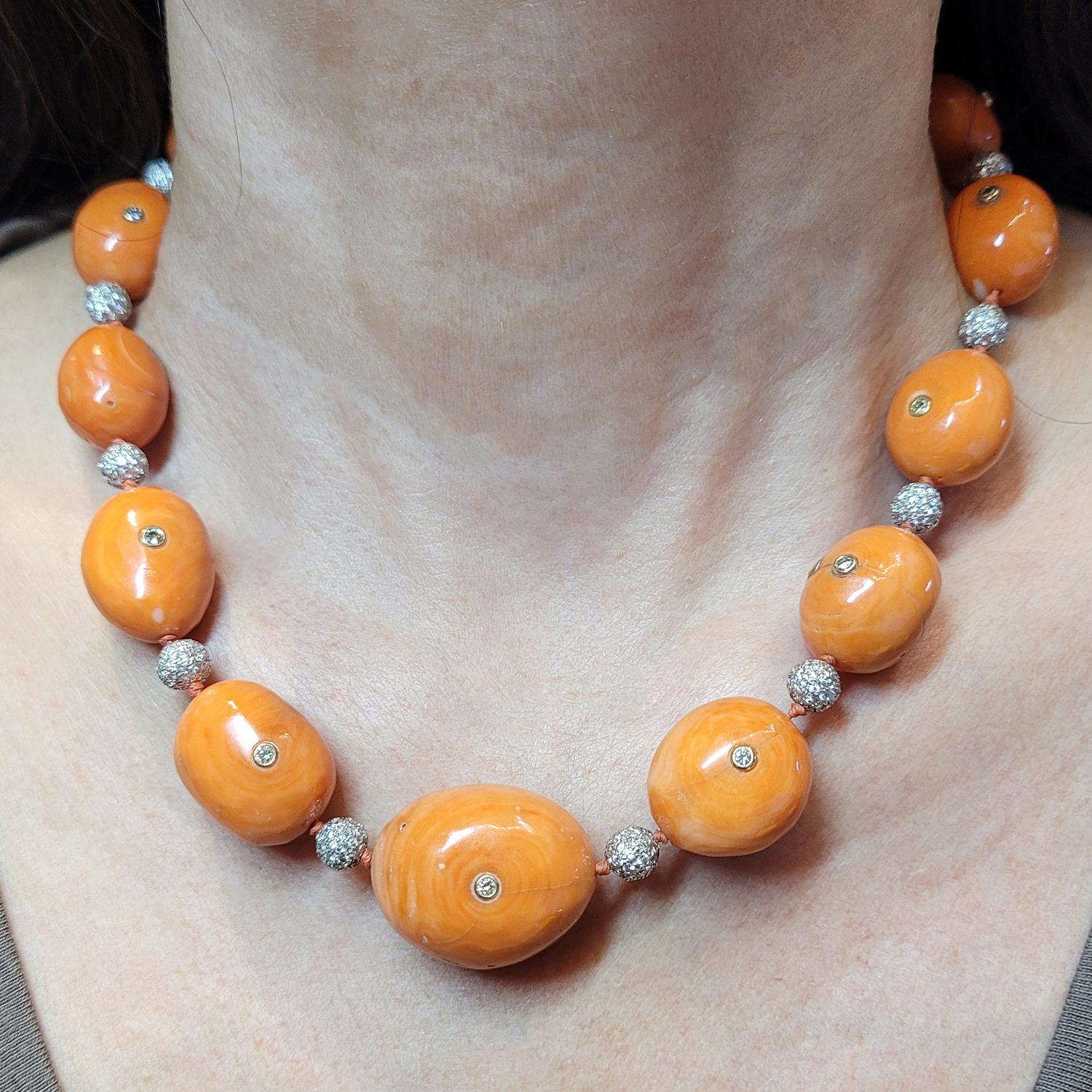 Coral Bead & Diamond Necklace with Graduated Spheres, 17" Length