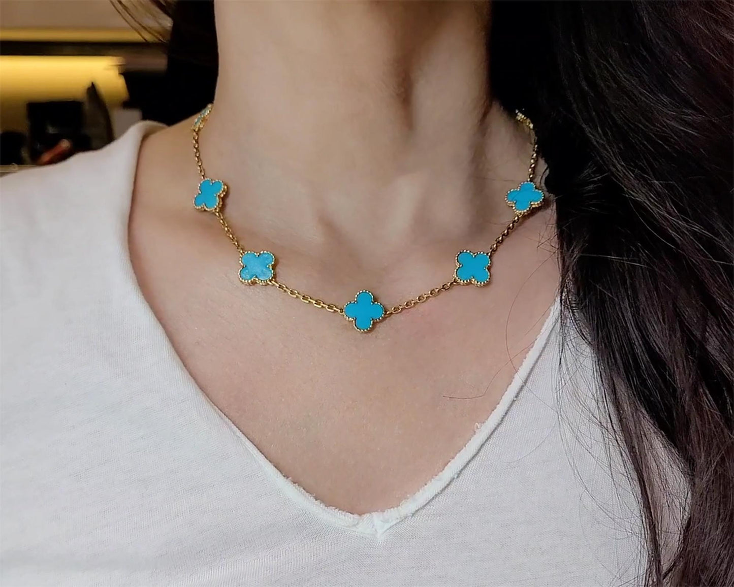Van Cleef & Arpels 10-Motif Turquoise Alhambra Necklace in 18k Yellow Gold