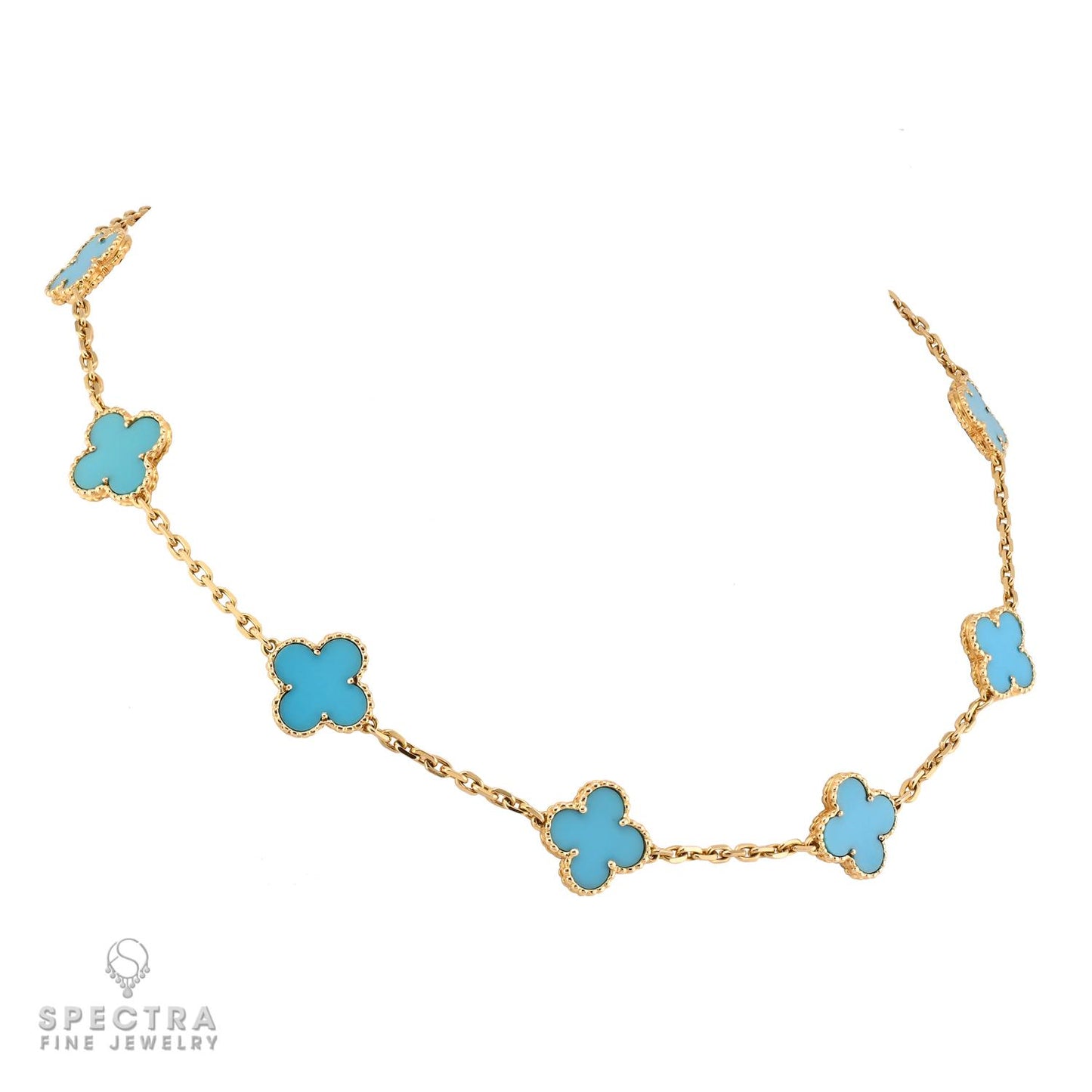 Van Cleef & Arpels 10-Motif Turquoise Alhambra Necklace in 18k Yellow Gold