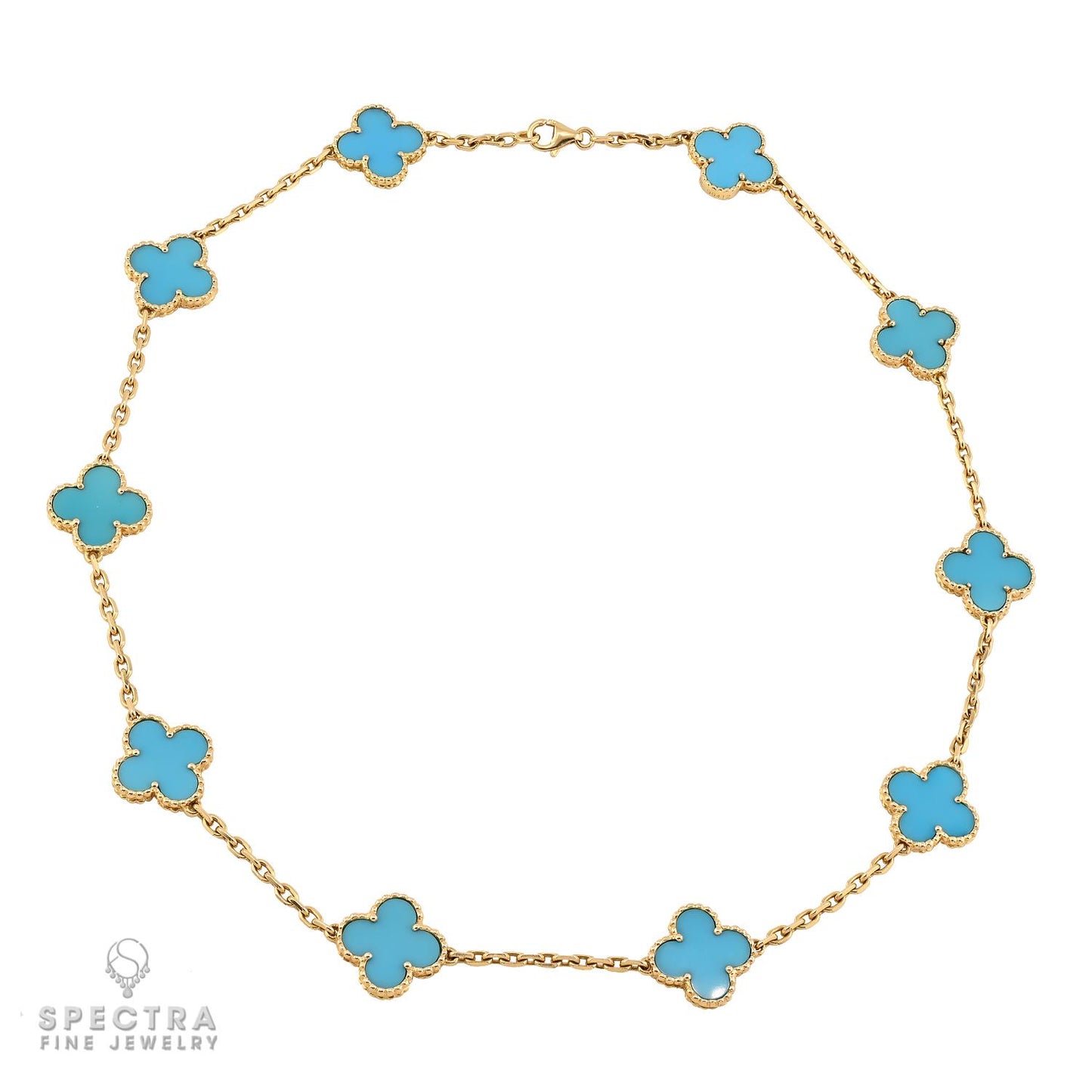 Van Cleef & Arpels 10-Motif Turquoise Alhambra Necklace in 18k Yellow Gold