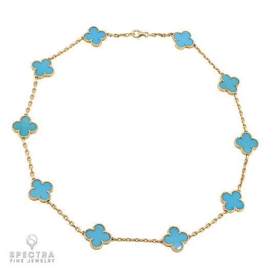 Van Cleef & Arpels 10-Motif Turquoise Alhambra Necklace in 18k Yellow Gold
